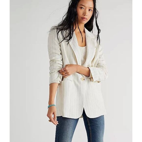 Free People Jackets & Blazers - NEW Free People Crosby Blazer Jacket Oversized Linen Blend Ivory Relaxed Small